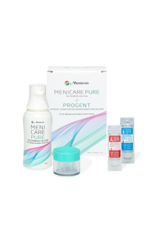 Menicare Pure Kit départ (1 flacon 70 ml +1 étui LRPO + 1 dose A B Progent + 1 étui Progent) - solution pour lentilles rigide - contactopharma