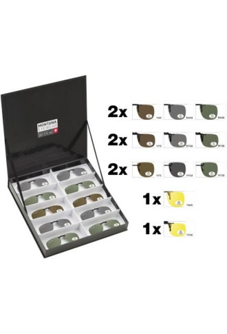 Pack 20 clips solaires (13 relevables et 7 fixes) polarisés + présentoir - PDC21 - lunettes clip-on & sur-lunettes - contactopharma